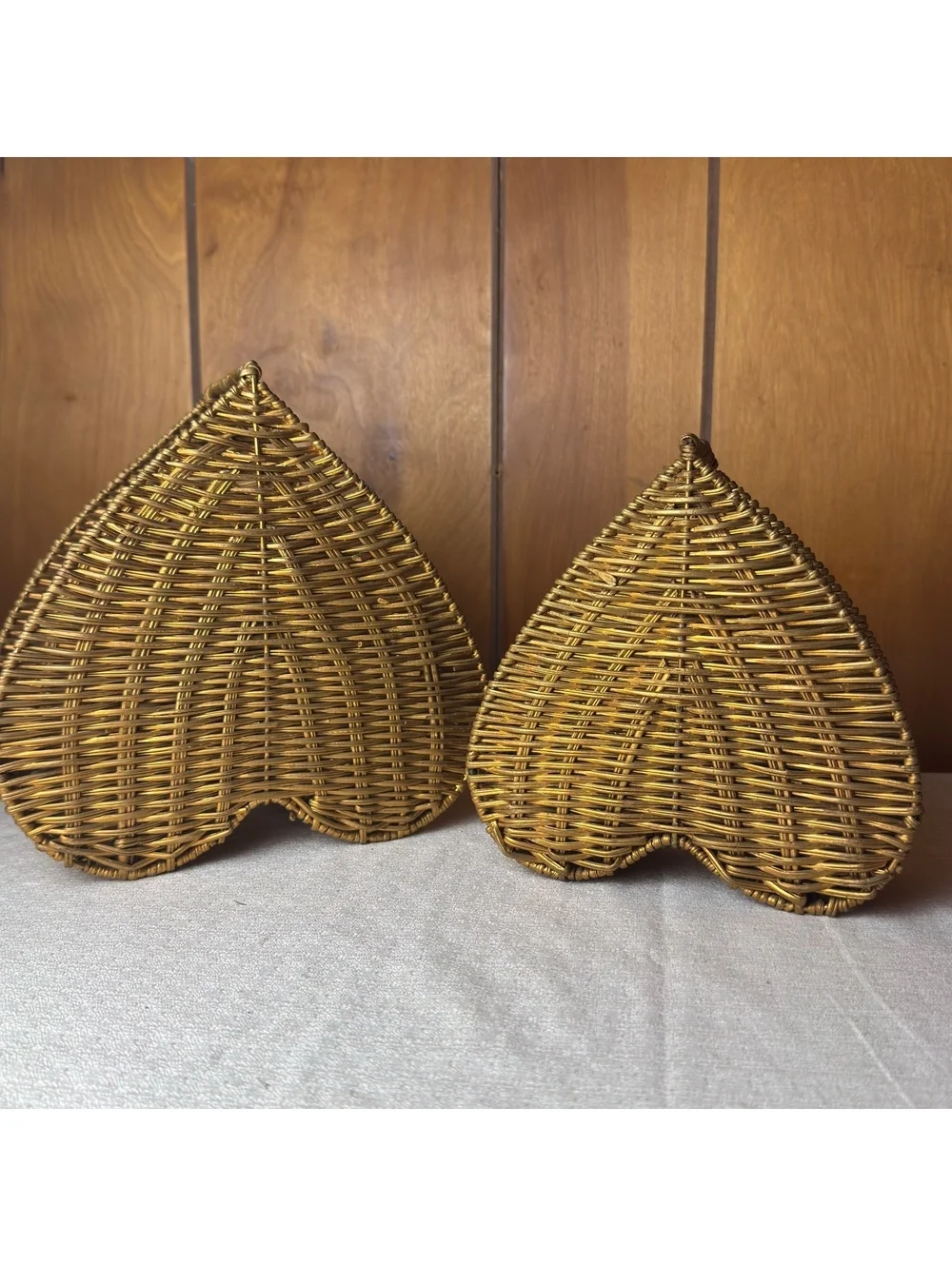 Vintage Wicker Basket Set of 2 Leaf Shape Handled Storage Baskets Boho Decor
